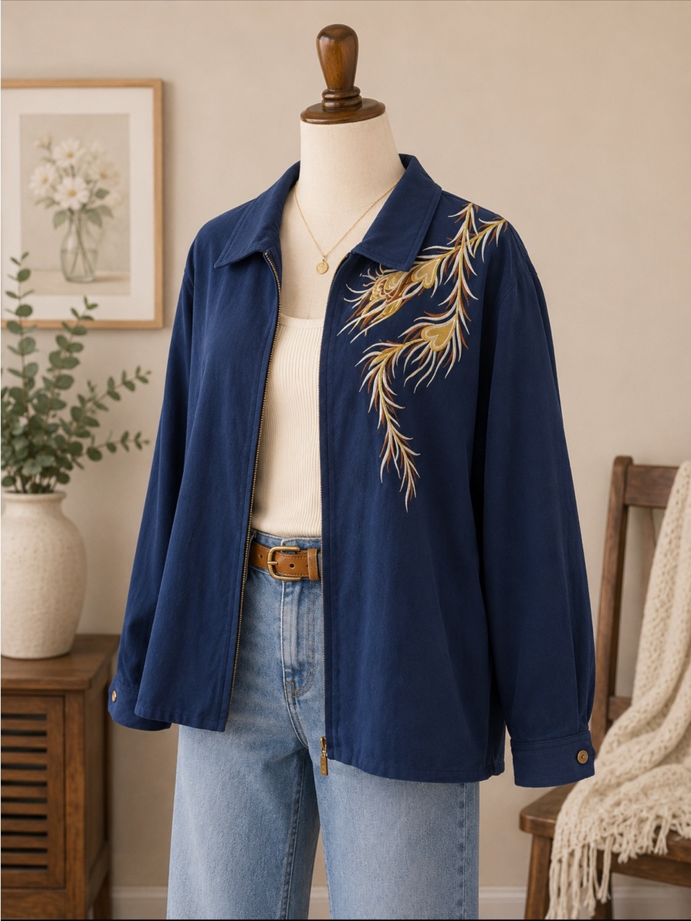 Bob Mackie Wearable Art Embroidered Navy Utility Jacket with Zip-Front